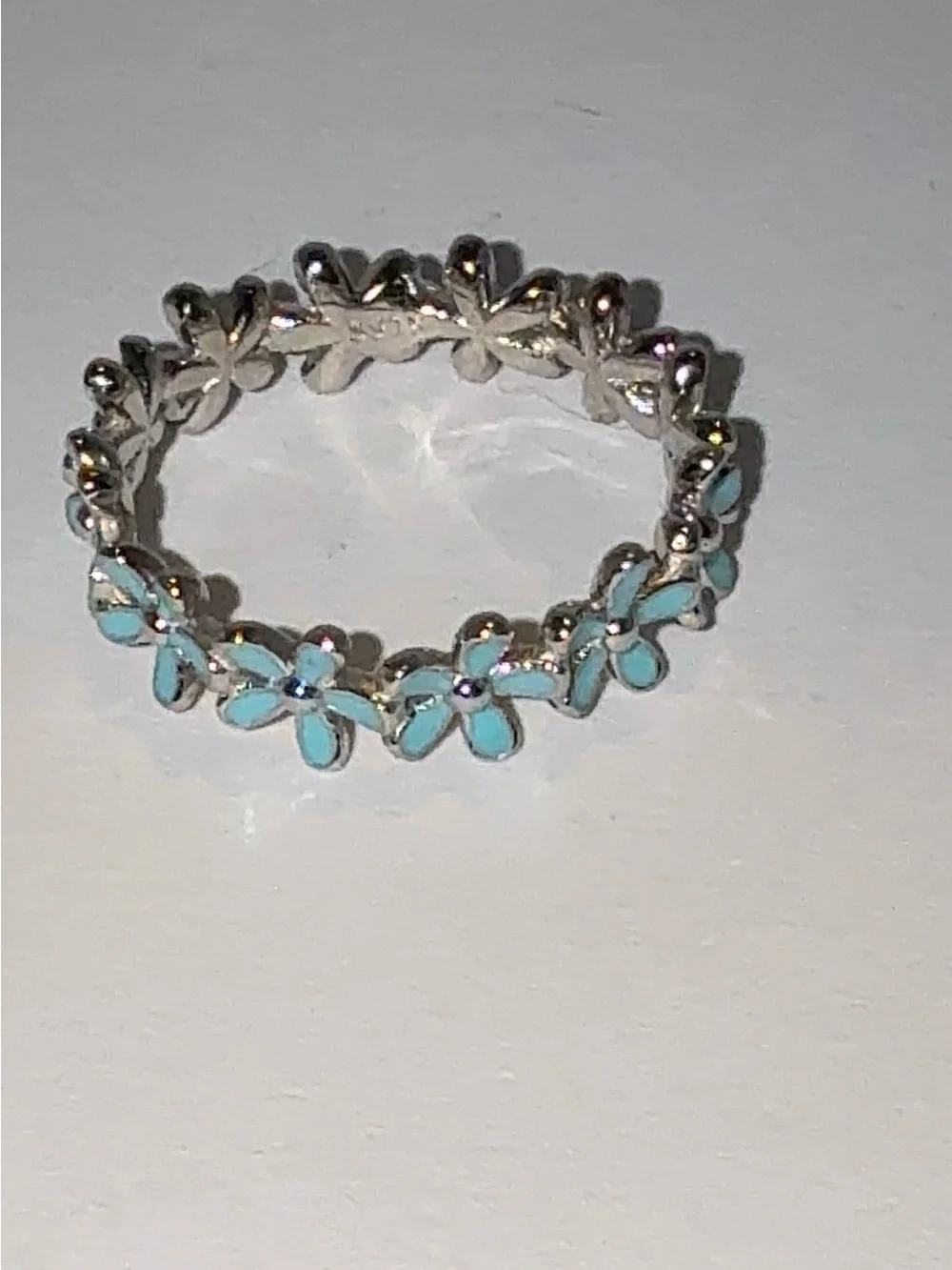 Silver Flower Band Ring with Turquoise Enamel